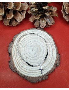 Bracelet Perles Argent Et Pierre Onyx + Croix Argent